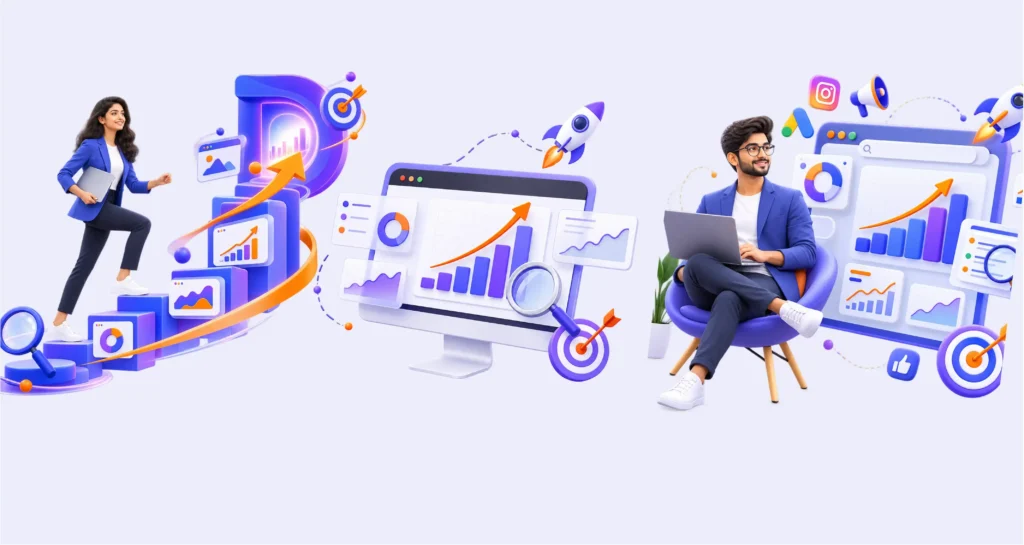 Digital marketing illustration with growth charts, a rocket and people using laptops
