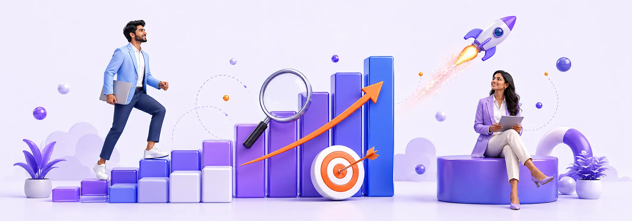 Business growth illustration with rising bars, an upward arrow, a target and a rocket