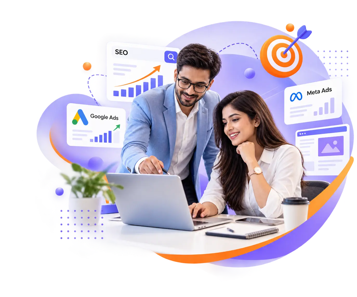 Two people reviewing SEO, Google Ads and Meta Ads campaign charts on a laptop